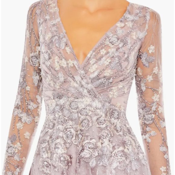 MAC DUGGAL FLORAL EMBROIDERED EMBELLISHED LONG SLEEVE MESH LILLAC GOWN sz 6 - Picture 2 of 5
